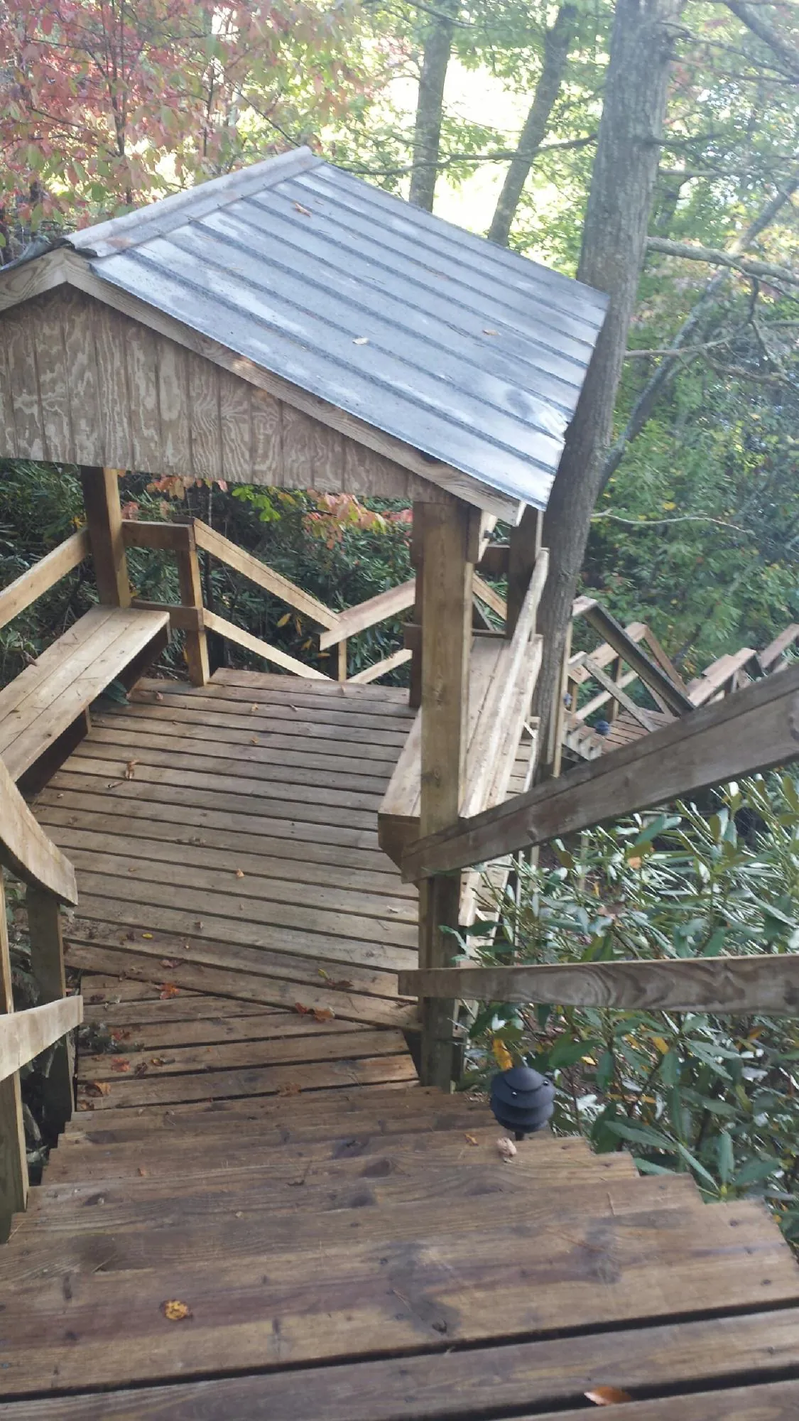 Metal roofed shelter over wooden steps on a wooded walkway — Skylight Repair & Installation work by our crew in Shiloh